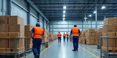 Équipe logistique travaillant dans un entrepôt moderne.