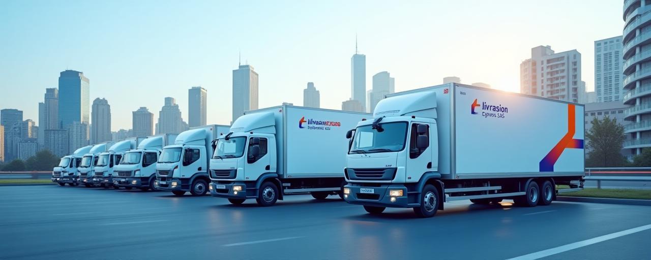 Camion de livraison Livraison Express SAS devant un paysage urbain.