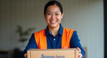 Livreur souriant en uniforme, tenant un colis Livraison Express.
